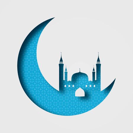 Ramadan Kareem, mosque on the moon. Blue tones, with a pattern. Paper style. Volumetric abstract illustration with shadows. 10 epsのイラスト素材