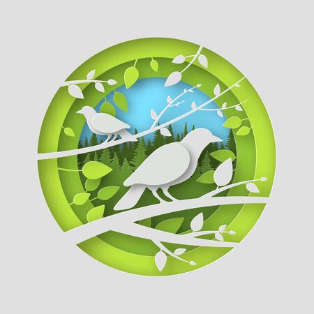 Birds of paper with shadows in a round slot. Leaves of trees. Against the background of a coniferous forest. In green colors. 10 epsのイラスト素材