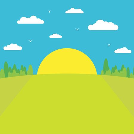 Morning sunrise. The sun rises from behind the forest against a blue sky with clouds and birds. Flat style. 10 epsのイラスト素材