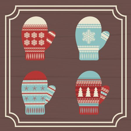 A set of mittens. Gloves. Against the background of wooden boards, framed. Christmas mood. eps 10のイラスト素材