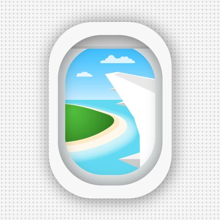 A view from a window of an airplane flying over the sea and the island. Flat style. eps 10のイラスト素材
