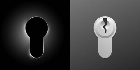 Cylinders of the lock. In two forms, in a realistic style and in the form of a silhouette with glare on a black background. Vector image.のイラスト素材