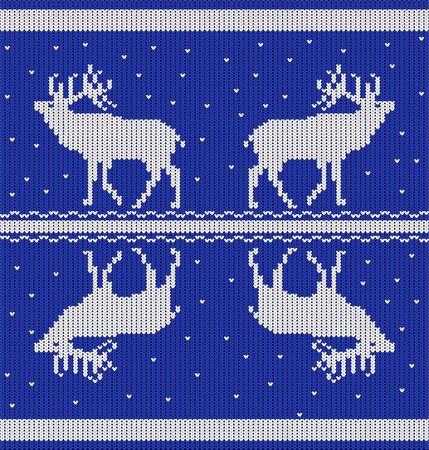 Seamless horizontal pattern with deers and snow from white knitted stripes on a blue background. Vector image.のイラスト素材