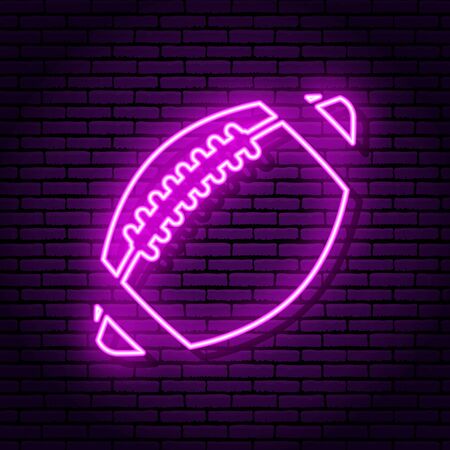 Sign of a rugby ball. Neon sign on a brick wall background. Violet colors. For decoration of bars, cafes, restaurants, pubs.のイラスト素材