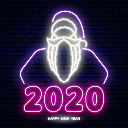 Neon christmas sign. The outline of the head and beard of Santa Claus in purple tones. Against the background of a brick wall. On the numbers 2020. Merry Christmas and happy new year.のイラスト素材