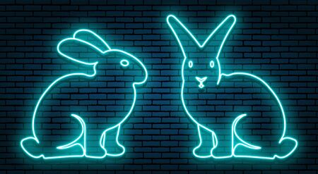 Blue neon sign, set of two different rabbits or hares. Against the background of a brick wall with a shadow. Isolated.のイラスト素材