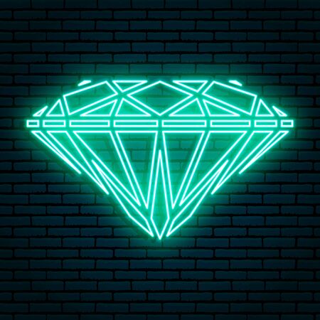 Turquoise neon sign. Faceted precious crystal of diamond or brilliant. Against the background of a brick wall with a shadow. Isolated.のイラスト素材