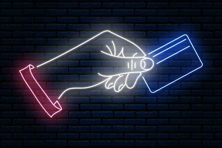 Neon sign. A human hand holding a blue plastic credit card. The red sleeve. Against a brick wall.のイラスト素材