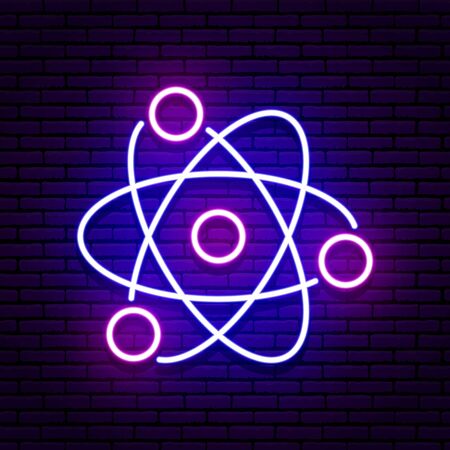 Neon sign in the form of an atom. Blue and violet colors. Against the background of a brick wall with a shadow. Isolated. For your design in medicine, science, education, in development.のイラスト素材