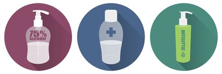 A set of three round icons in a flat style, antiseptics or antibacterial agents. Personal hygiene, hand washing and handling. Disinfection. For the design of a pharmaceutical online store.のイラスト素材