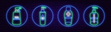 A set of four round neon icons, antiseptics or antibacterial agents. Against a brick wall. Personal hygiene, hand washing and cleaning. For a pharmaceutical online store. Green blue and white color. のイラスト素材