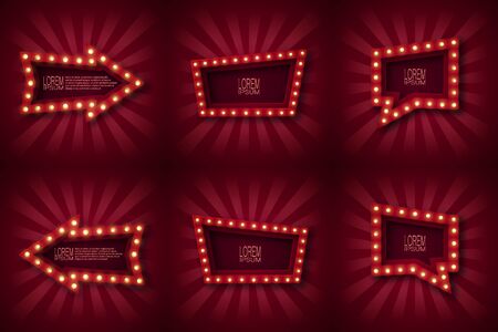 Set of six advertising signs, banner, emblem for attracting customers. The shape of an arrow, trapezoid, and pointer. With glowing light bulbs along the contour, in red and white beams. のイラスト素材