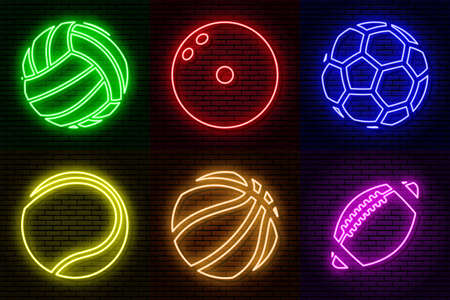 Neon sign against a brick wall. A set of different colored balls. To decorate sports bars, cafes, restaurants, pubs. Isolated.のイラスト素材