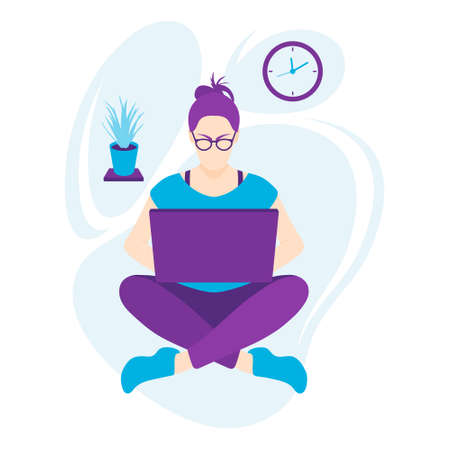A girl with glasses is sitting cross-legged on the floor at home, working on a laptop. On the shelf is a home plant. There's a clock on the wall. Flat style. Purple and blue colors.のイラスト素材