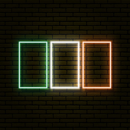 Neon sign in the form of the flag of Ireland. Against the background of a brick wall with a shadow. for the design of tourist or patriotic themes. green white orange colors.のイラスト素材