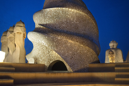 Casa Mila, La Pedrera, skyline of Barcelona, Spain. The chimneys. Panorama of the roof at dusk, evening, night. Unesco Heritage. Even if architecture isnât your thing, GaudÃ­âs trippy Casa MilÃ  (or La Pedrera, the quarry) on Passeig de GrÃ cia is a mのeditorial素材
