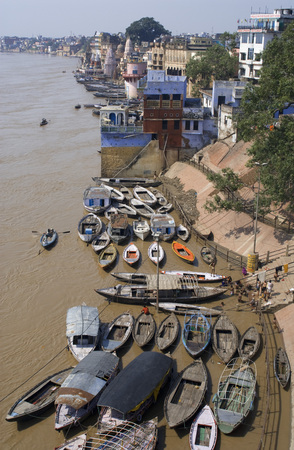 Ghats on the banks of Ganges river in holy city of Varanasi. Varanasi, Uttar Pradesh, India. Varanasi Ghats are perhaps the most holiest place in the world, where one is relieved from all the worldly responsibilities and one enters into a domain that is dのeditorial素材