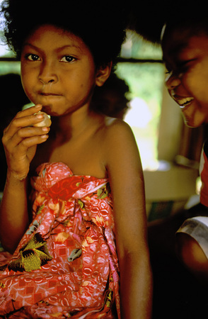 Orang Asli tribe in Taman Negara National Park in central Malaysia. Children inside the hut.のeditorial素材