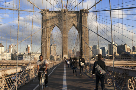 Bike in The Brooklyn Bridge New York City United States of America North America. Brooklyn Bridge, Manhattan, New York, USA.のeditorial素材