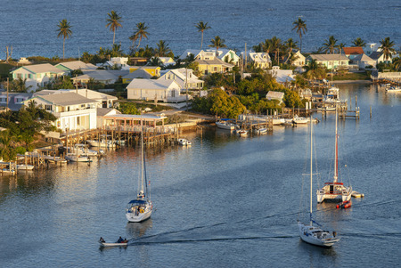 Aerial views of the Hope Town, Elbow Cay, Abacos. Bahamas. Lighthouse and harbor in the tiny village of Hope Town.のeditorial素材