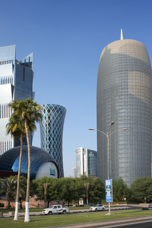 Qatar petroleum and Burj Qatar Building in the financial area of Doha, the capital of Qatar in the Arabian Gulf countryのeditorial素材