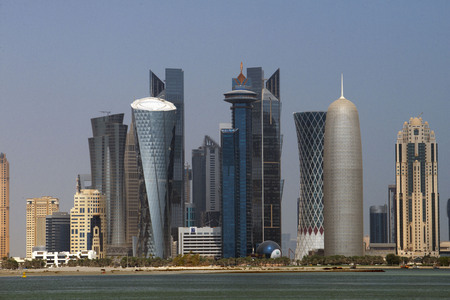 Skyline with the skyscrapers in the financial area of Doha, the capital of Qatar in the Arabian Gulf countryのeditorial素材