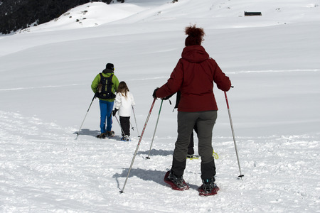 Baqueira Beret, Ski resort, Pyrenees, Aran Valley, Lleida, Catalonia, Spain. Line of people walking with snow rackets towards the summit of a snowy hill.のeditorial素材