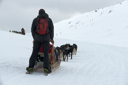 Baqueira Beret, Ski resort, Pyrenees, Aran Valley, Lleida, Catalonia, Spain. Husky sled tour.