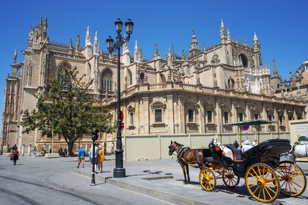 Horse drawn carriages wait for tourists outside the Catedral de Sevilla, Seville, Spain