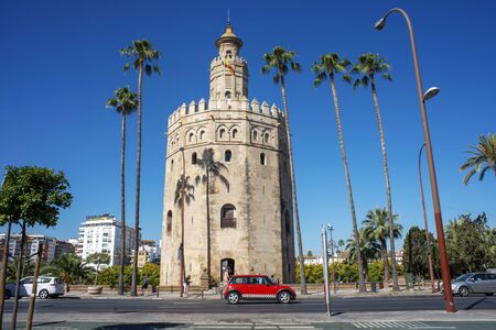 Seville Torre del Oro, view of the Moorish Torre del Oro Tower of Gold in the old city quarter of Sevilla , Andalucia, Spain.のeditorial素材