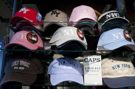 New York baseball-style caps on sale in Times Square in New York Cityのeditorial素材
