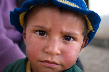 Portrait of a boy in Los Nevados village in andean cordillera Merida state Venezuela. Los Nevados, is a town founded in 1591, located in the Sierra Nevada National Park in MÃ©rida, Venezuela, located 2,710 meters above sea level and with a population of 2のeditorial素材