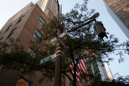 Traffic signals and typical buildings in the 50th Avenue, New York, United States of America