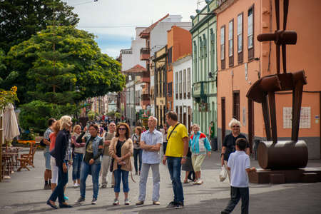 People in the walking street Calle Obispo Rey Redondo street in San CristÃ³bal de La Laguna UNESCO World Heritage Tenerife Island, Canary Islands, Spainのeditorial素材