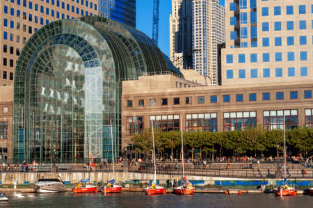 World Financial Center office buildings in the financial district of Manhattan. World Financial Center. Winter Garden Atrium Brookfield Place on the North Cove Marina in Lower Manhattanのeditorial素材
