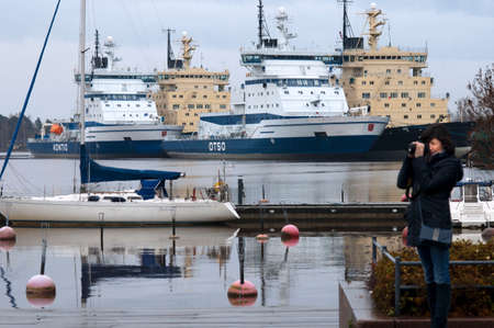 Icebreaker fleet of boats docked in Helsinki port basis, Helsinki, Finland.のeditorial素材