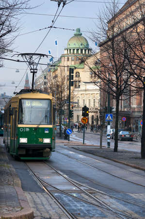 Tram number 10T going past Kauppatori the main market square in Helsinki Finland Europeのeditorial素材