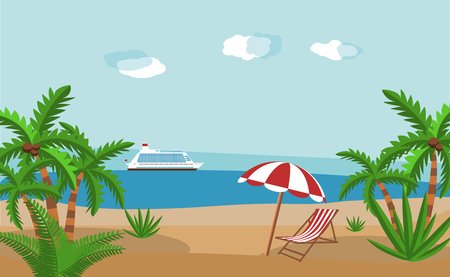 Landscape of wooden chaise lounge, palm tree on beach. Umbrella . Sun with clouds. Day in tropical place. Vector illustration in flat styleのイラスト素材
