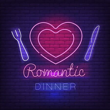 Romantic Dinner Neon Logo Vector. Romantic Dinner neon sign, design template, modern trend design, night neon signboard, night light advertising, light banner, light art. Vector illustrationのイラスト素材