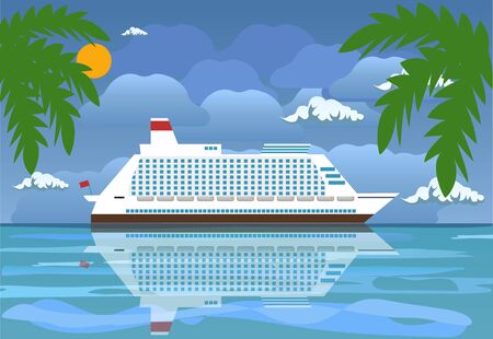 Landscape of islands and beach. Cruise liner ship. Day in tropical place. Vector illustration in flat styleのイラスト素材