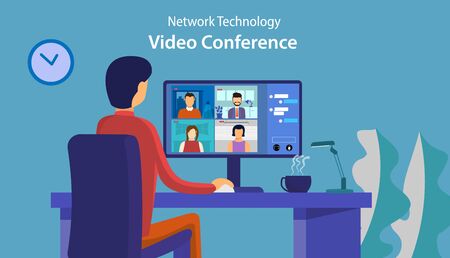 Online Virtual Meetings, Work from Home During Coronavirus COVID-19 Pandemic Outbreak.のイラスト素材