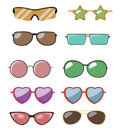 Sunglasses set wayfarer shape multicolored isolated - vector illustration Shadow and background are on separate layers. Transparent lens. Easy editing.のイラスト素材