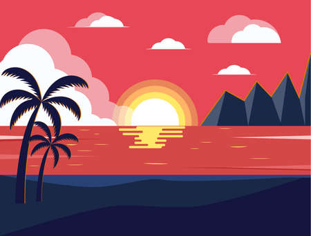Vector illustration - landscape. Sea, mountains, palm trees. Sunrise.のイラスト素材