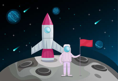 Astronaut on a rocket flew to the moon and set a flagのイラスト素材
