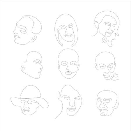 Women and men portrait in abstract one line graphic style. Hand drawn vector. Abstract face drawn with one lineのイラスト素材