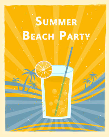 Poster with glass of orange juice for invitation to beach party in retro styleのイラスト素材