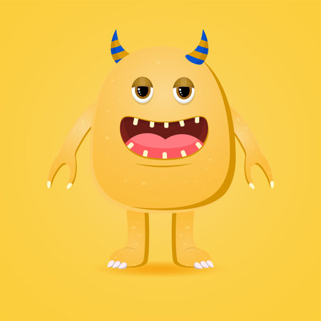 Happy cartoon monster. Halloween vector orange and horned monster. Funny monster expressionsのイラスト素材