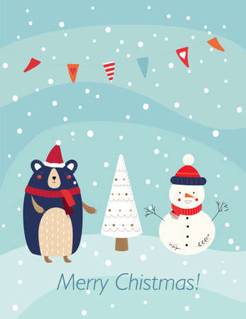 New year card with bear and snowman in standinavian styleのイラスト素材