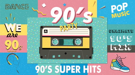 trendy. Retro style design club. party, background, 90's and 80's graphic, 90s style, pop music party 1990, vintage night. Easy editable Memphis poster design.のイラスト素材