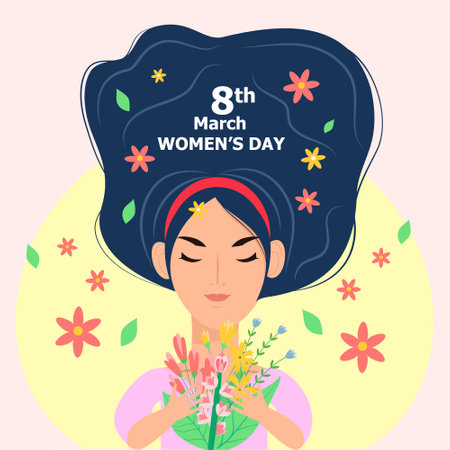 <p>International Women's Day. March 8. Girl with flowers. vector illustration</p>のイラスト素材